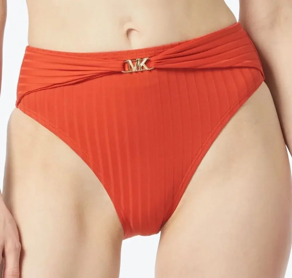 Michael Kors Terracotta Belted High Leg Bikini Bottom L NWT